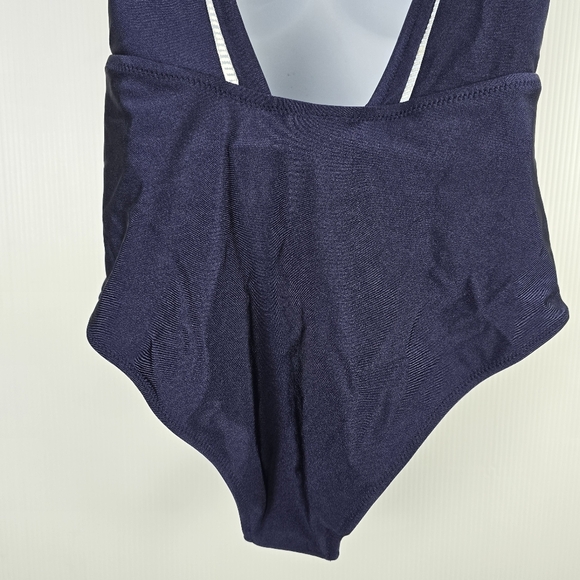 NWT Cupshe Women's One Piece Navy Plunging Neckline And Back White Inlay Small - Picture 8 of 12